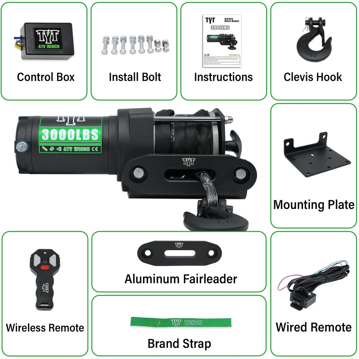 TYT 3000 lb ATV Winch, 12V DC Electric Winch with Wireless Remote and Wired Switch, 1/5"x 32FT Synthetic Winch Rope with Fairlead and Winch Mounting Plate - TYT4WD