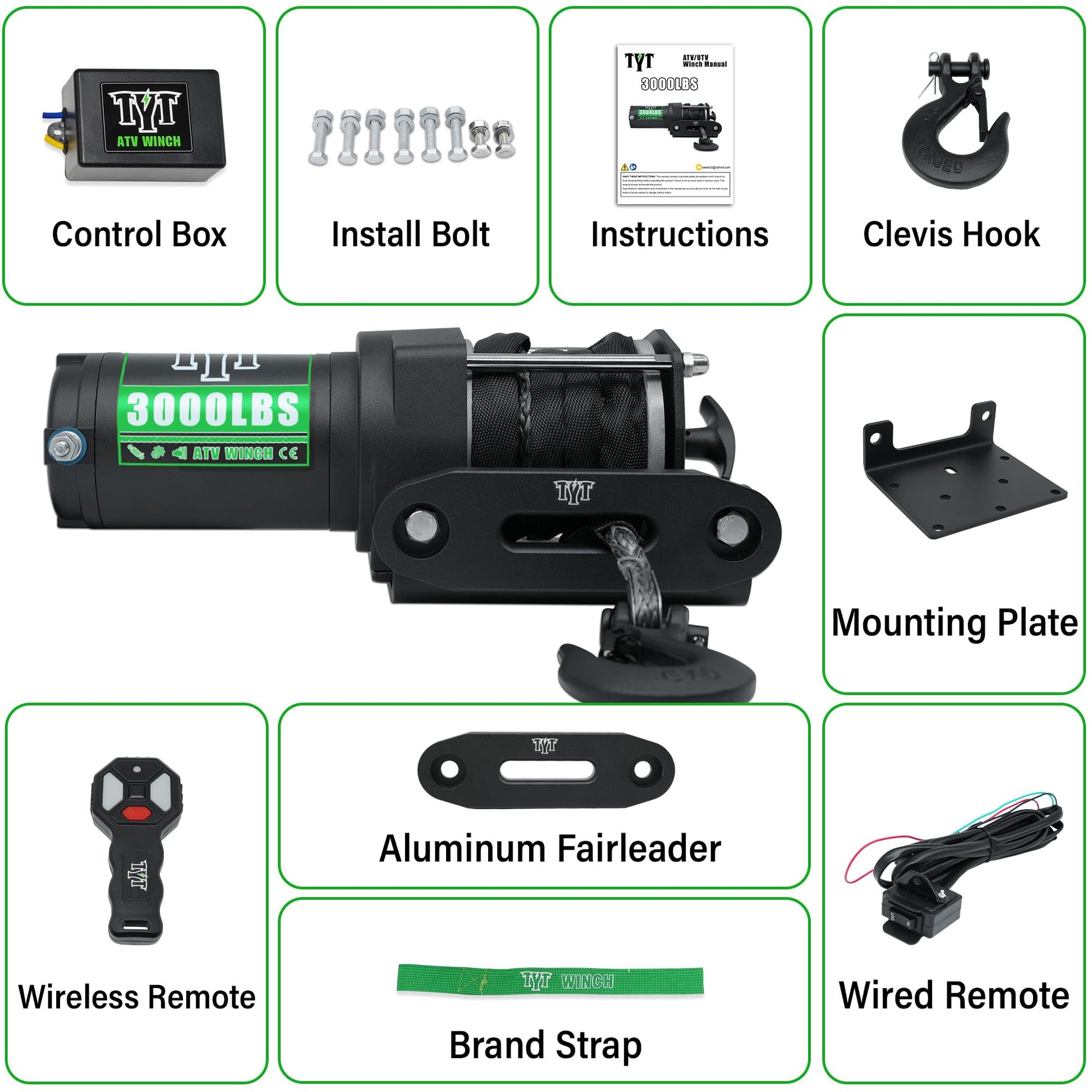TYT 3000 lb ATV Winch, 12V DC Electric Winch with Wireless Remote and Wired Switch, 1/5"x 32FT Synthetic Winch Rope with Fairlead and Winch Mounting Plate - TYT4WD