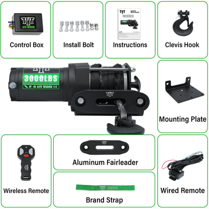TYT 3000 lb ATV Winch, 12V DC Electric Winch with Wireless Remote and Wired Switch, 1/5"x 32FT Synthetic Winch Rope with Fairlead and Winch Mounting Plate - TYT4WD