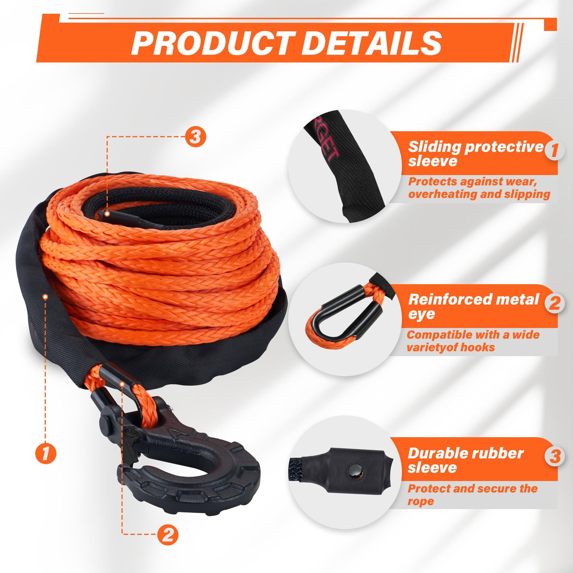 TYT Synthetic Winch Rope 3/8" X 92' with Hook, 27000LBS Synthentic Winch Cable Kit with Protective Sleeve for 4WD Off Road Vehicle Truck SUV Jeep (Orange) - TYT4WD