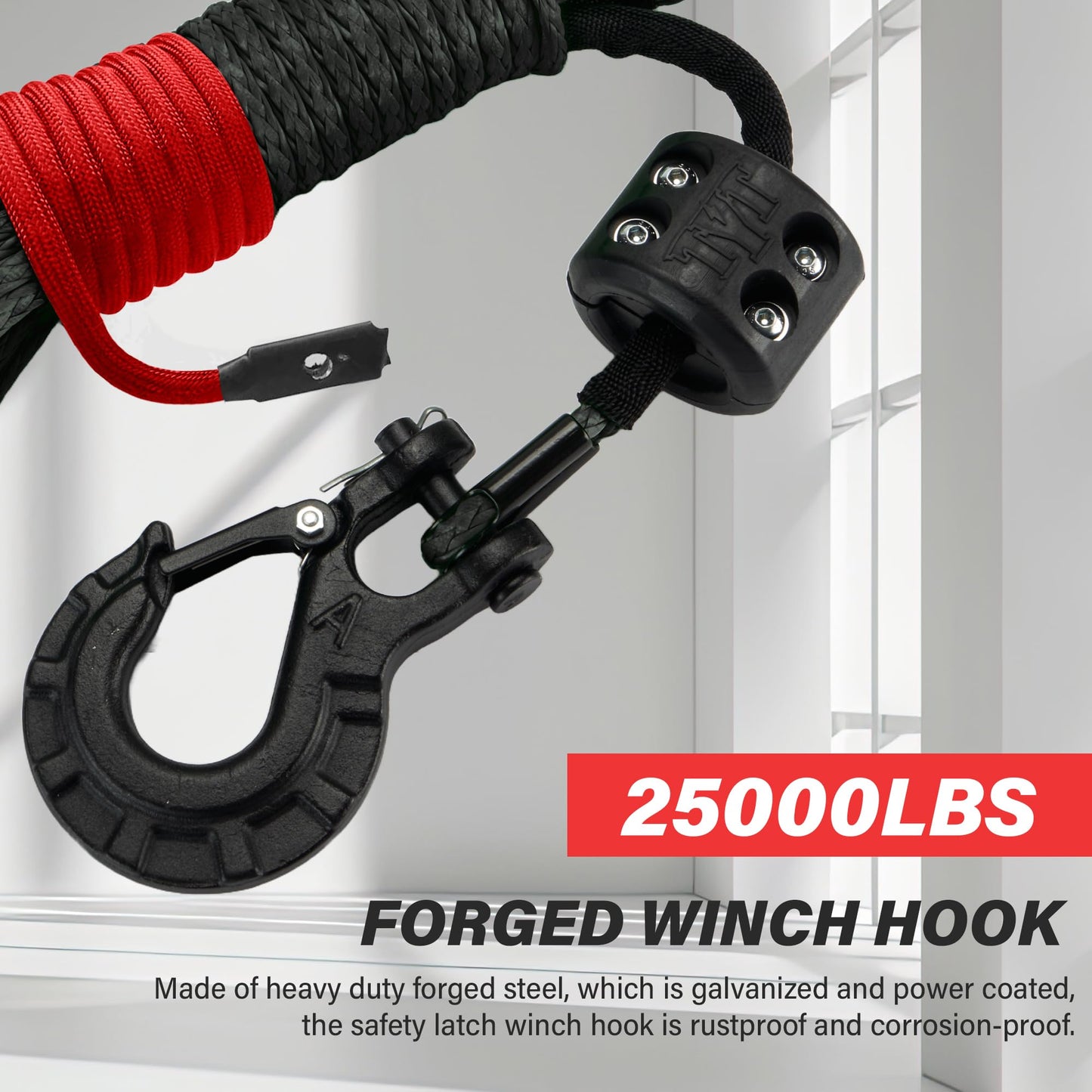 TYT Off-Road Winch Rope Kit - 1/4''x50', 10000 Lbs Black Synthetic Cable with Protective Sheath, Heavy-Duty Hook, Safety Pull Strap & Rubber Stopper Ideal for 4WD ATV UTV Vehicles, Grey, (JPS1450IG) - TYT4WD