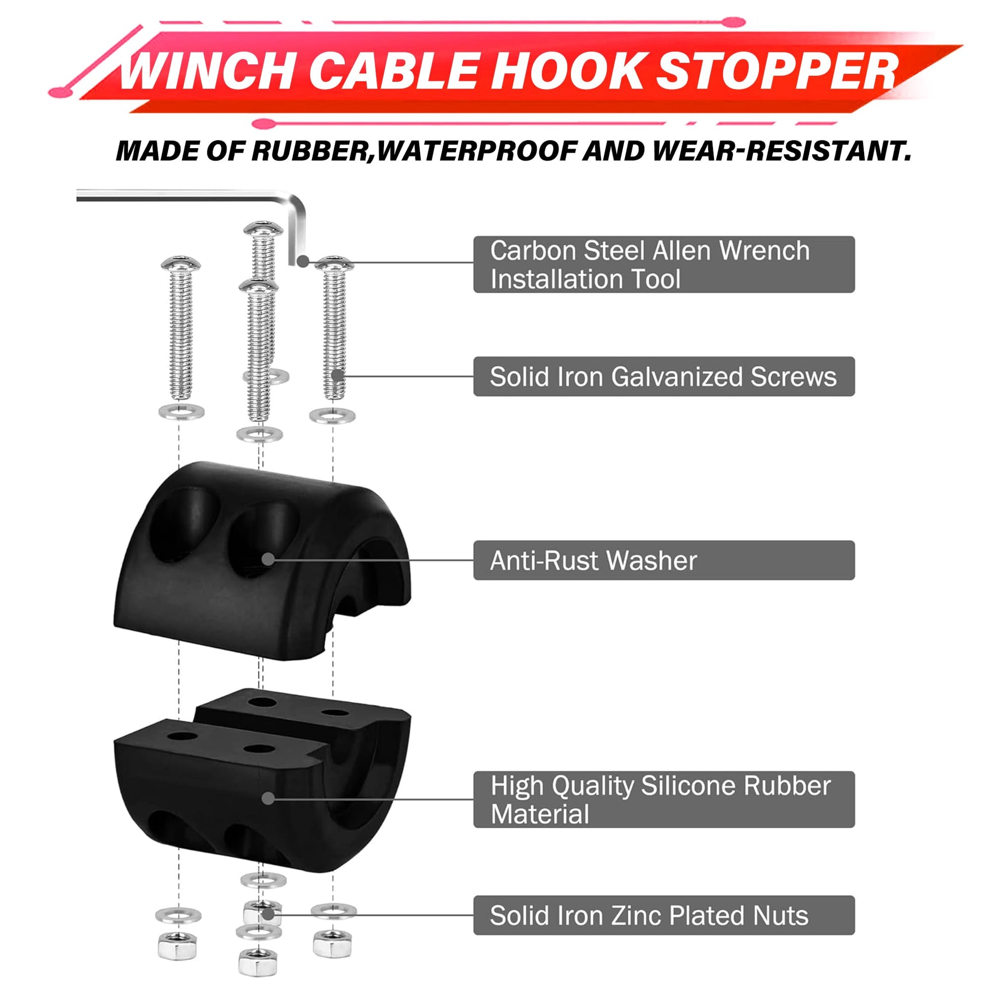 TYT Off-Road Winch Rope Kit - 1/4''x50', 10000 Lbs Black Synthetic Cable with Protective Sheath, Heavy-Duty Hook, Safety Pull Strap & Rubber Stopper Ideal for 4WD ATV UTV Vehicles, Grey, (JPS1450IG) - TYT4WD