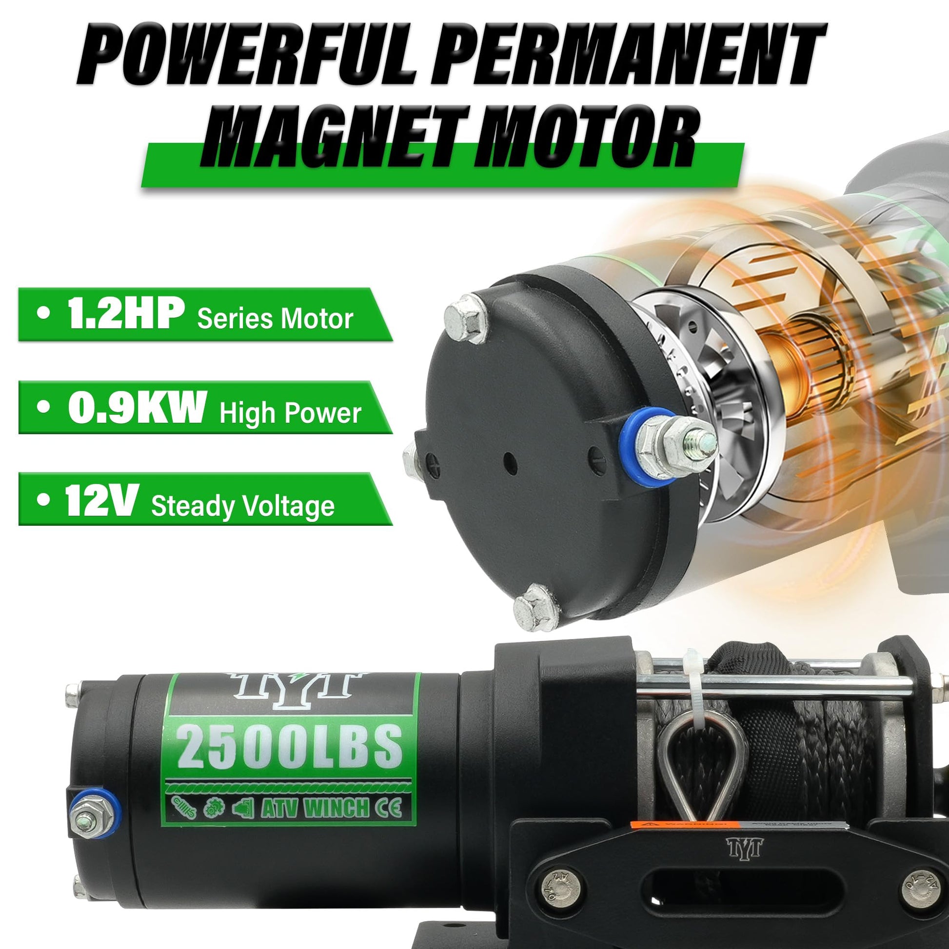 TYT 2500 lb ATV Winch with 1/5" x 32FT Synthetic Rope,12V DC Electric Winch with Wired Remote Control - TYT4WD