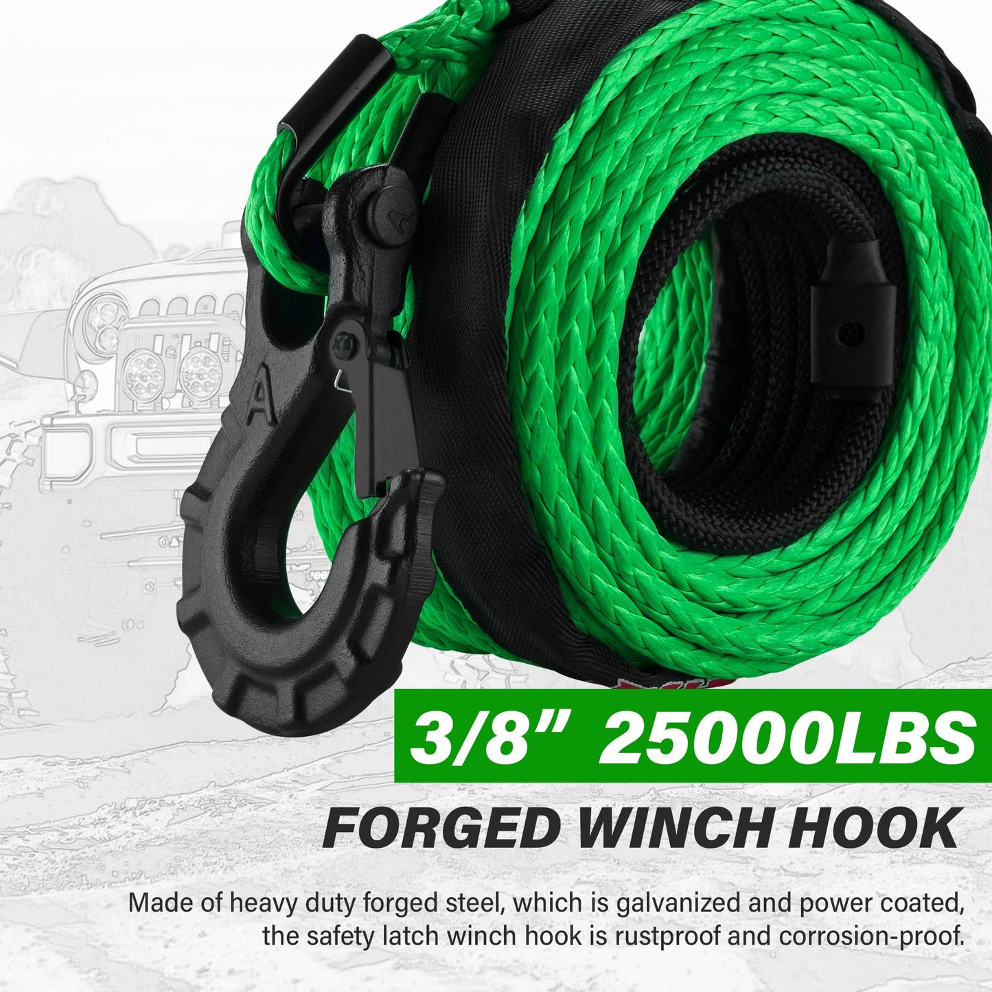 TYT Synthetic Winch Rope 3/8" X 92' with Hook, 27000LBS Synthentic Winch Cable Kit with Protective Sleeve for 4WD Off Road Vehicle Truck SUV Jeep (Green) - TYT4WD
