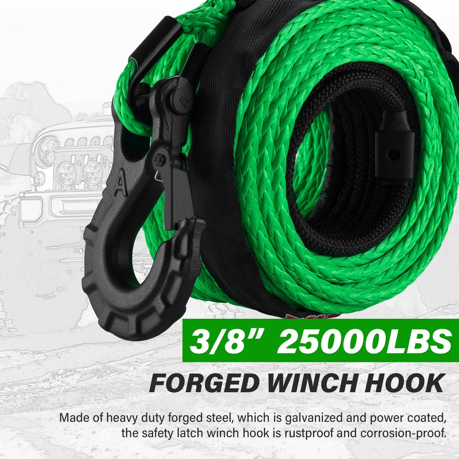 TYT Synthetic Winch Rope 3/8" X 92' with Hook, 27000LBS Synthentic Winch Cable Kit with Protective Sleeve for 4WD Off Road Vehicle Truck SUV Jeep (Green) - TYT4WD