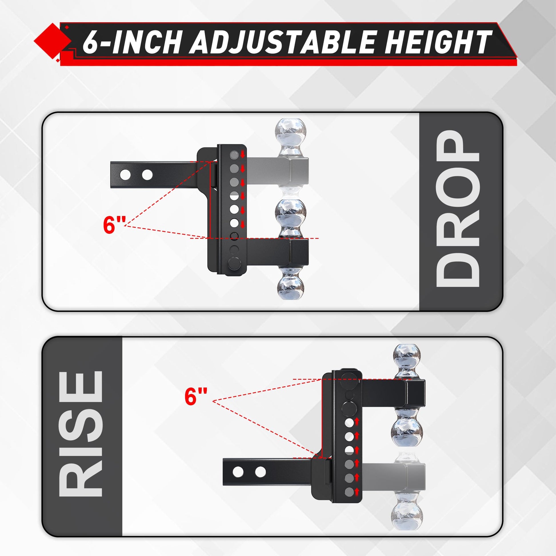 TYT Adjustable Truck Trailer Hitch for 2 inch Receiver, 6" Drop/Rise Tow Hitch with Dual Balls，Includes Two Pin Locks & Hitch Tightener (2" & 2-5/16") - TYT4WD
