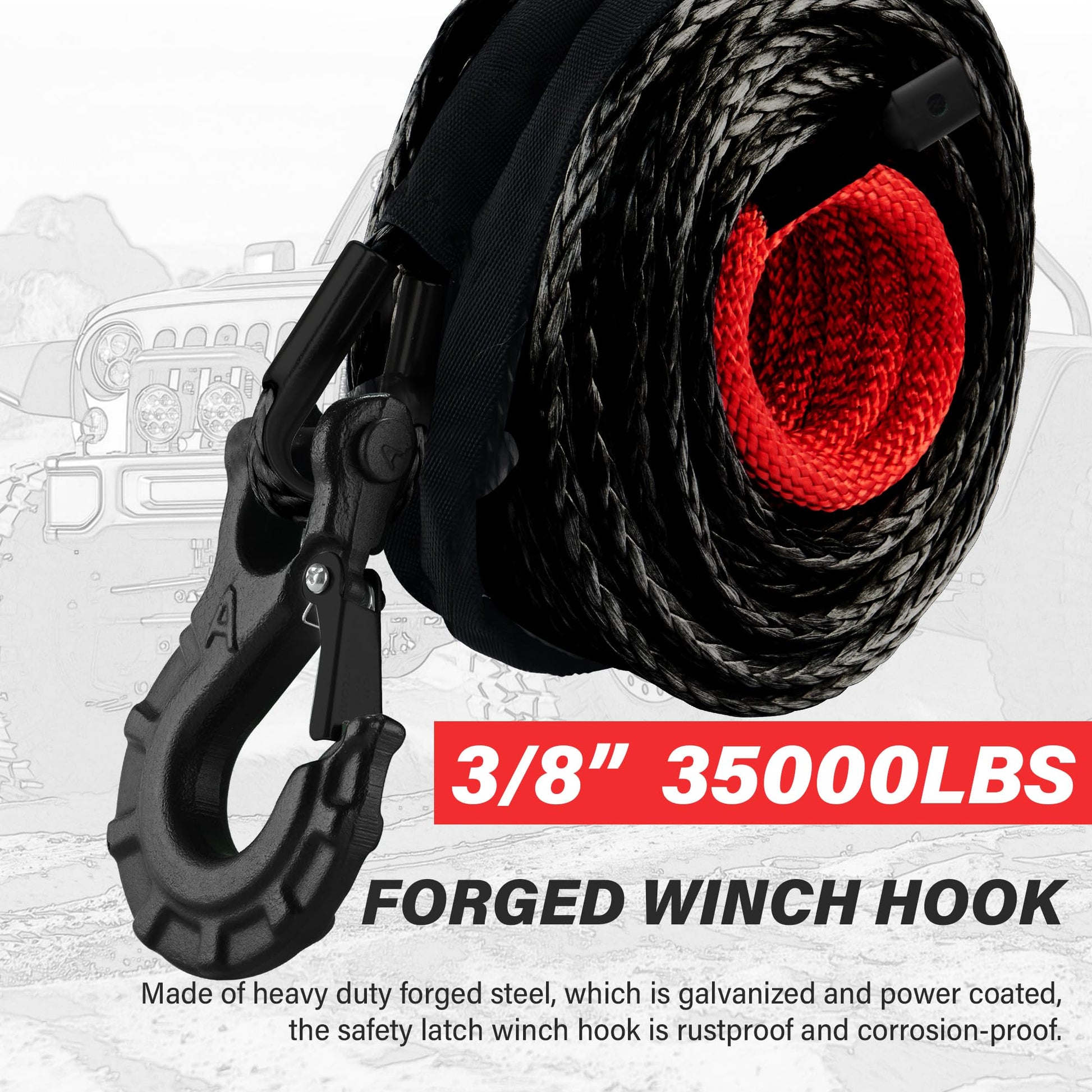 TYT Synthetic Winch Rope Kit - 3/8" x 92' with 27000 lbs Strength, Protective Sleeve, Heavy Duty Hook and Safety Pull Strap for Off-Road 4x4 Vehicles (Black) - TYT4WD