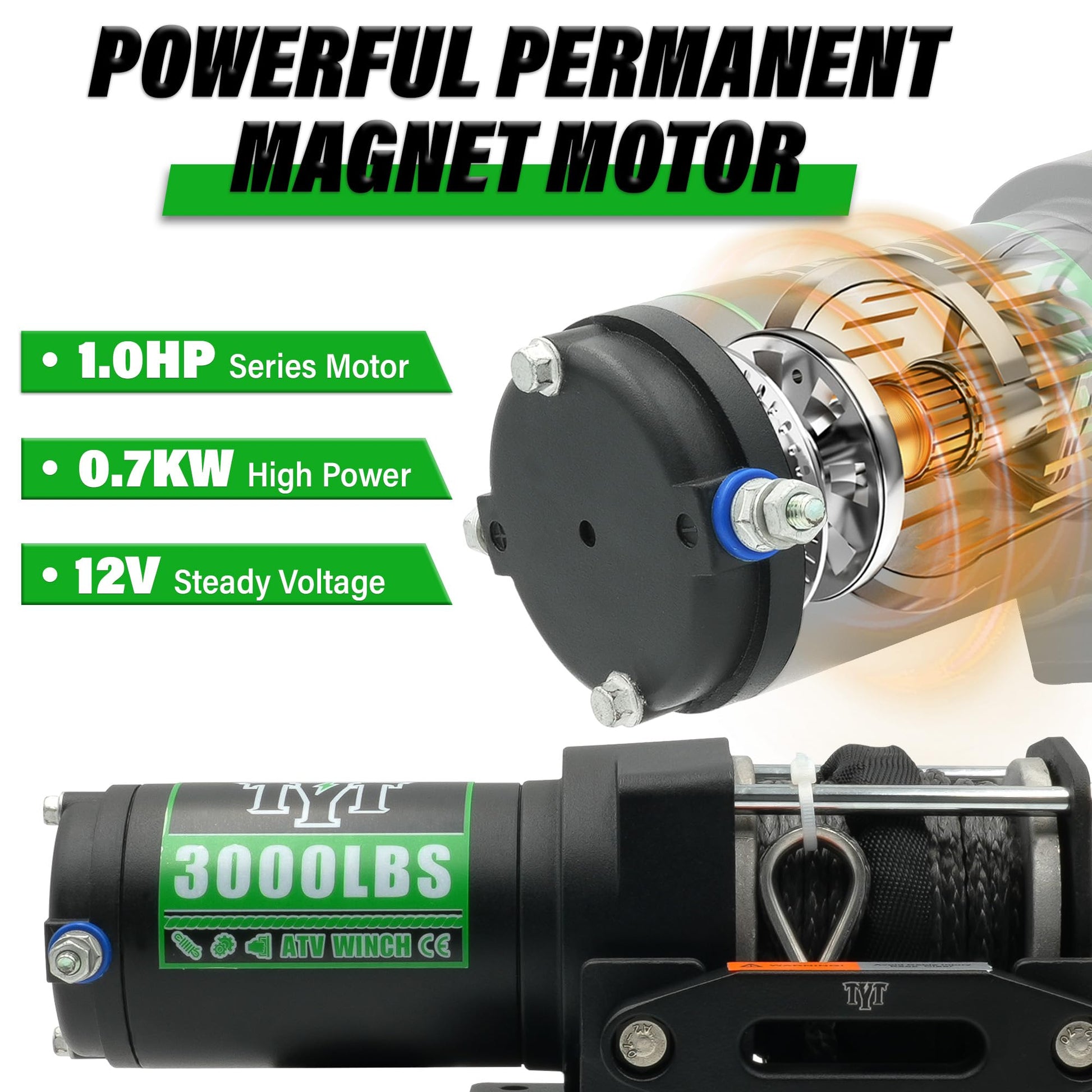 TYT 3000 lb ATV Winch, 12V DC Electric Winch with Wireless Remote and Wired Switch, 1/5"x 32FT Synthetic Winch Rope with Fairlead and Winch Mounting Plate - TYT4WD
