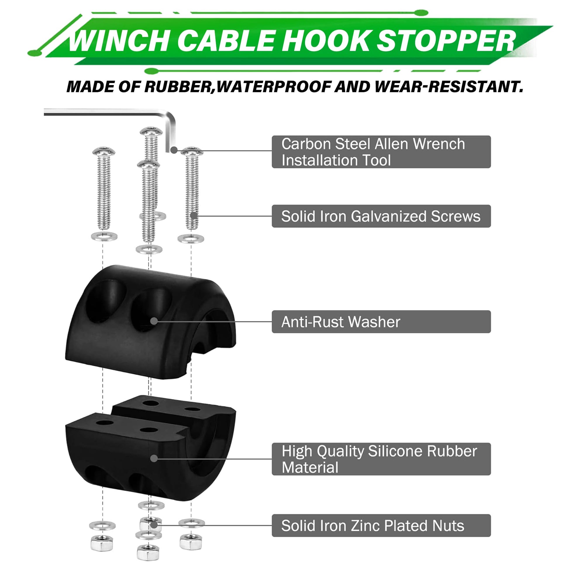 TYT Off-Road Winch Rope Kit - 3/16''x50', 8500 Lbs Green Synthetic Cable with Protective Sheath, Heavy-Duty Hook, Safety Pull Strap & Rubber Stopper Ideal for 4WD ATV UTV Vehicles, (JPS31650G) - TYT4WD