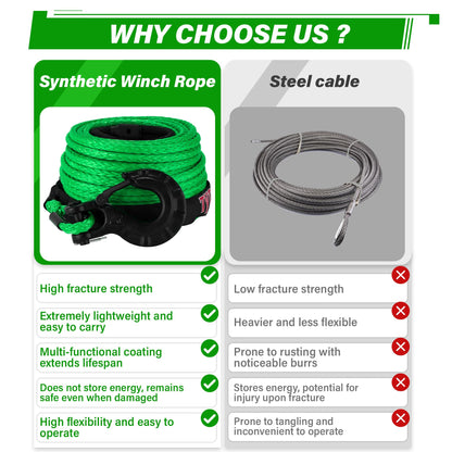 TYT Synthetic Winch Rope 3/8" X 92' with Hook, 27000LBS Synthentic Winch Cable Kit with Protective Sleeve for 4WD Off Road Vehicle Truck SUV Jeep (Green) - TYT4WD