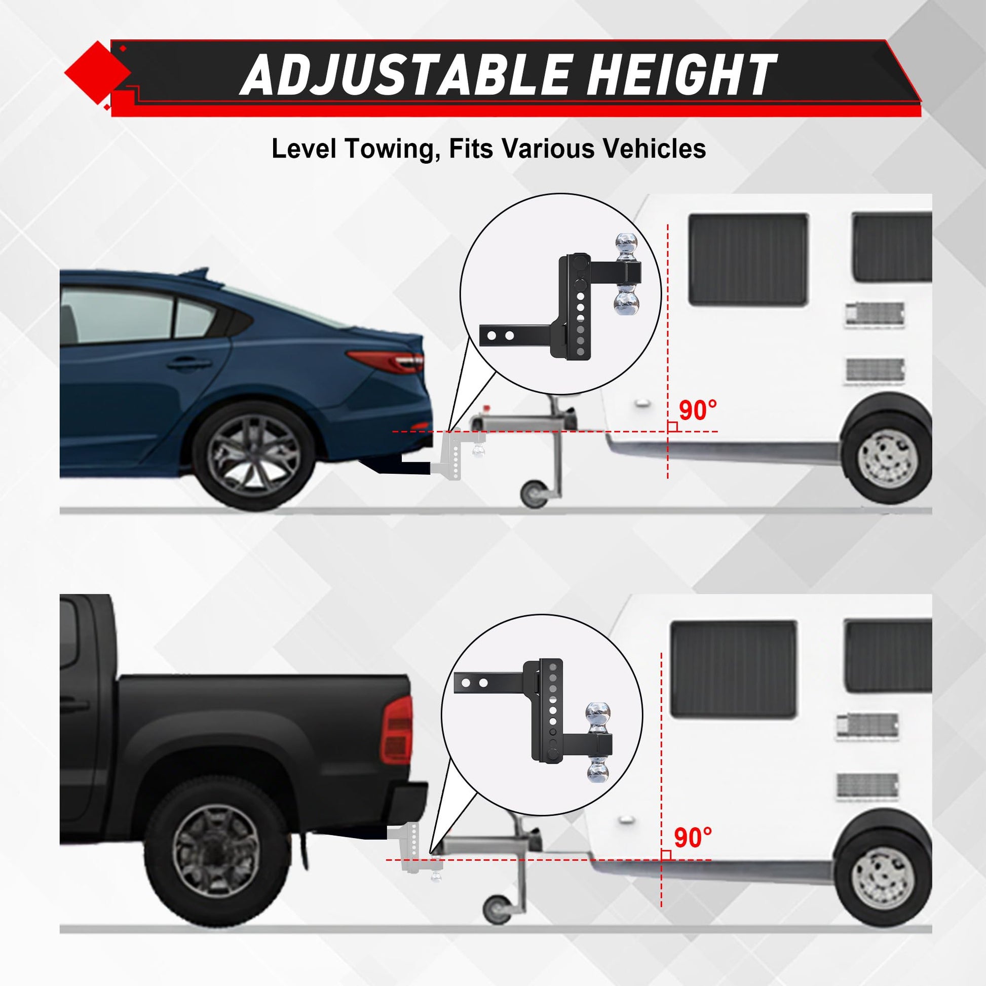 TYT Adjustable Truck Trailer Hitch for 2 inch Receiver, 6" Drop/Rise Tow Hitch with Dual Balls，Includes Two Pin Locks & Hitch Tightener (2" & 2-5/16") - TYT4WD