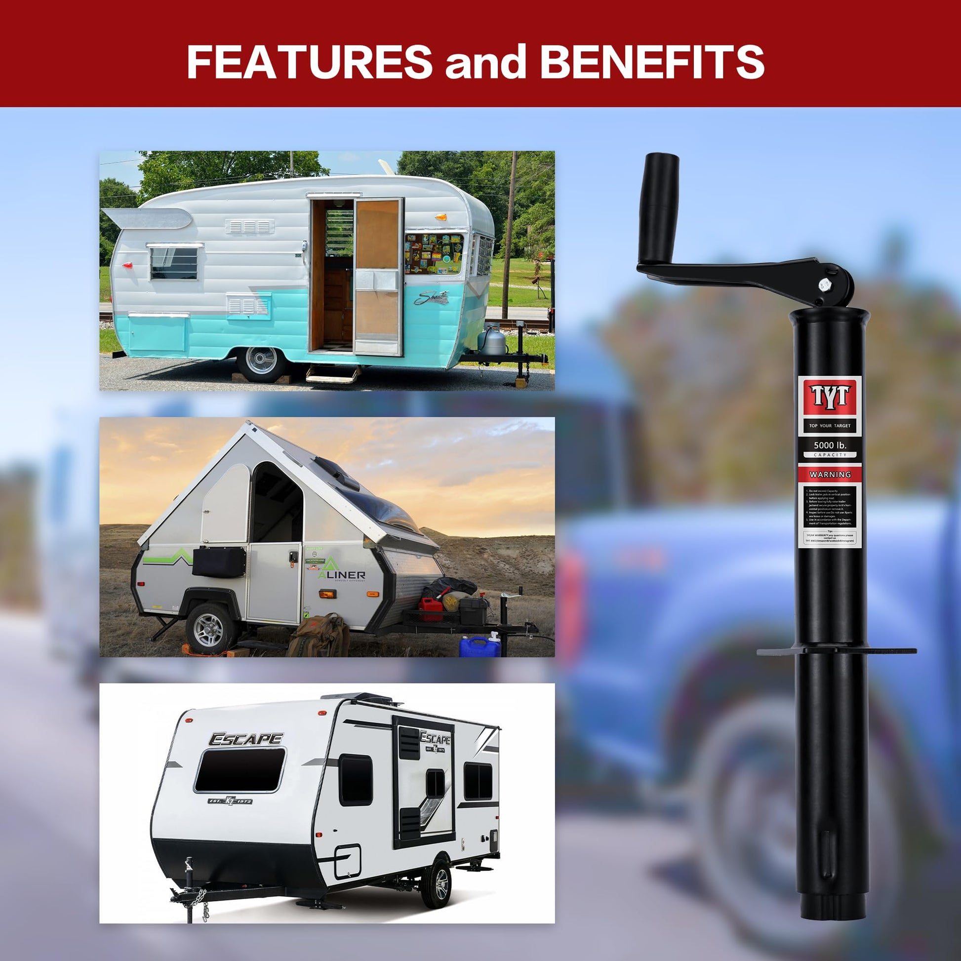 TYT Heavy Duty 5000lbs A-Frame Trailer Jack with 15" Top-Wind Vertical Travel, Black Sandblast Coating, and Foot Plate for RVs, Boat, Utility, and Camping Trailers - TYT4WD