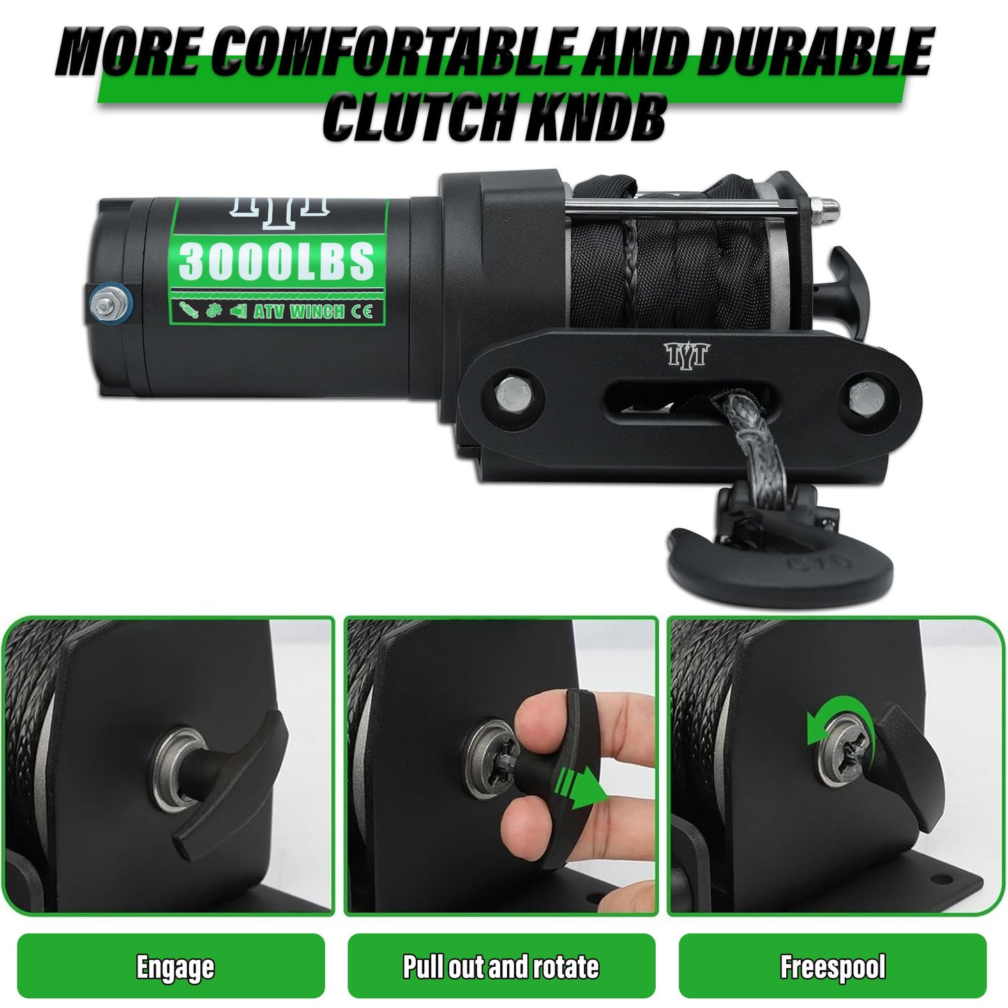 TYT 3000 lb ATV Winch, 12V DC Electric Winch with Wireless Remote and Wired Switch, 1/5"x 32FT Synthetic Winch Rope with Fairlead and Winch Mounting Plate - TYT4WD