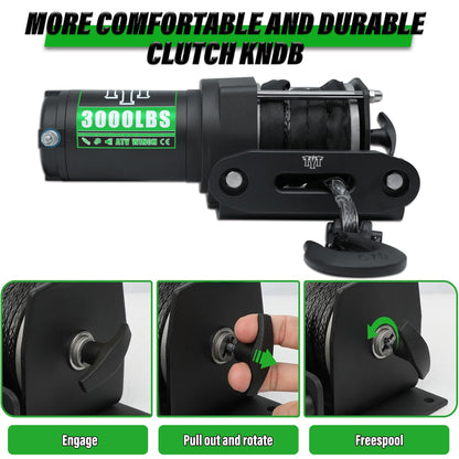 TYT 3000 lb ATV Winch, 12V DC Electric Winch with Wireless Remote and Wired Switch, 1/5"x 32FT Synthetic Winch Rope with Fairlead and Winch Mounting Plate - TYT4WD