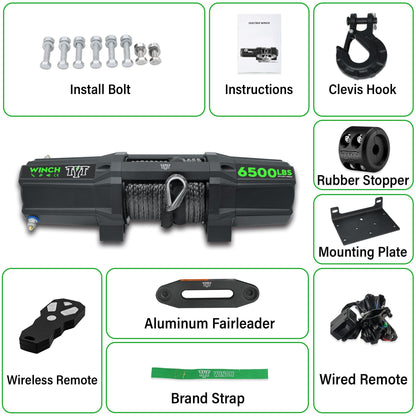 TYT 6500 lb UTV Winch Kit with 1/4" x 50FT Synthetic Rope,12 Volt DC Electric Trailer Winch with Wireless Remote - TYT4WD